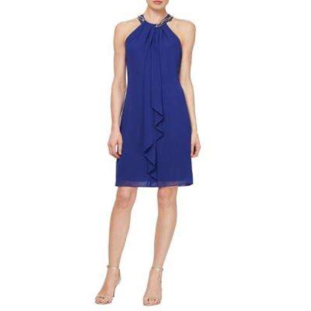 SLNY Women's Sleeveless Halter Top Beaded Neck Short Ruffle Front Dress, India I